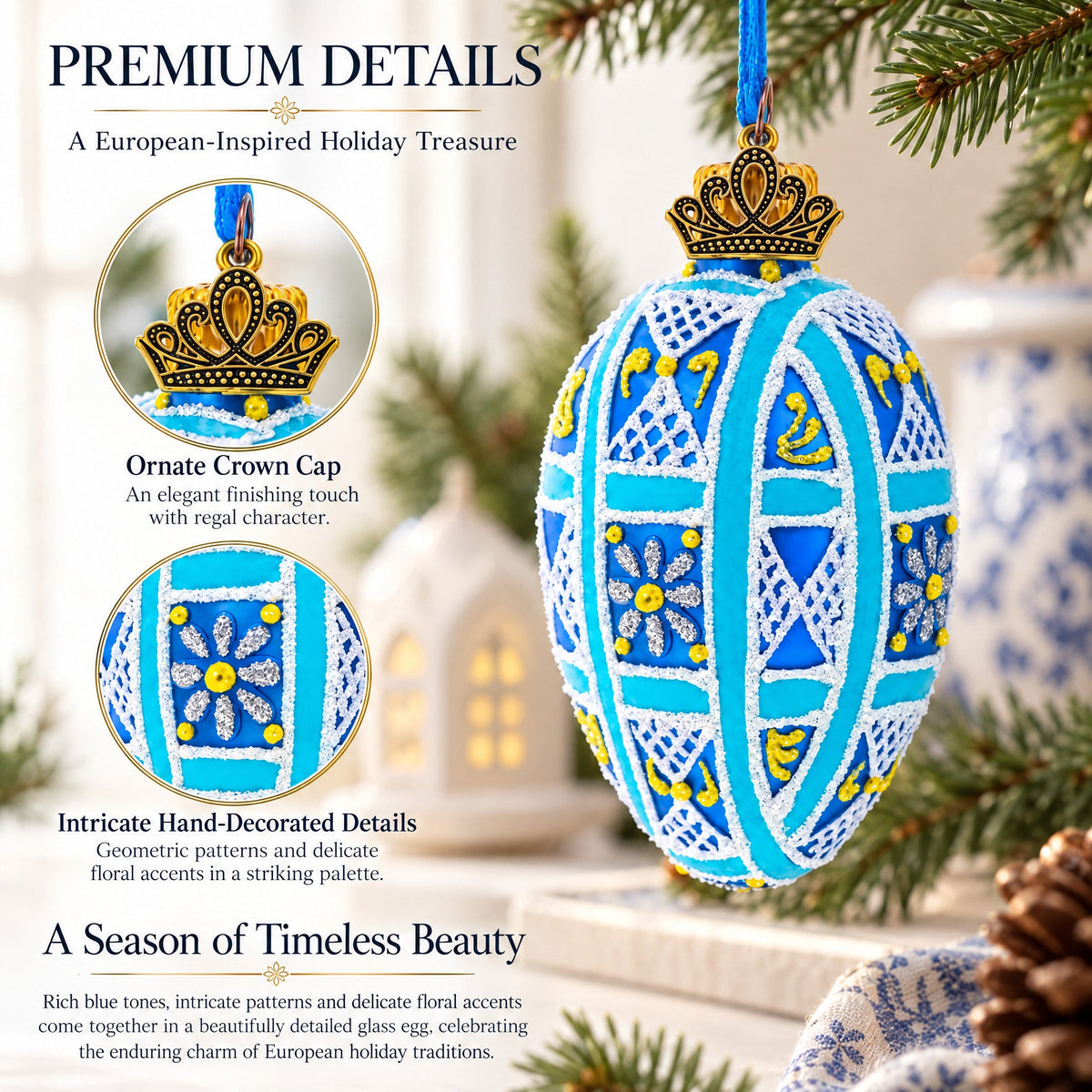 Cobalt Blue and White Geometric Floral Mini Glass Egg Ornament 2.9 Inches