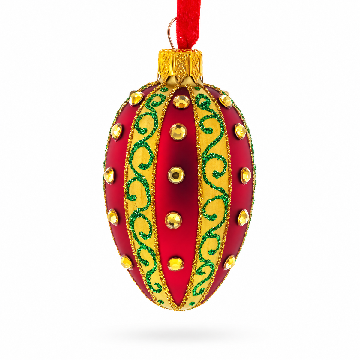 Red and Gold with Green Swirls and Jewel Accents Mini Glass Egg Ornament 2.9 Inches