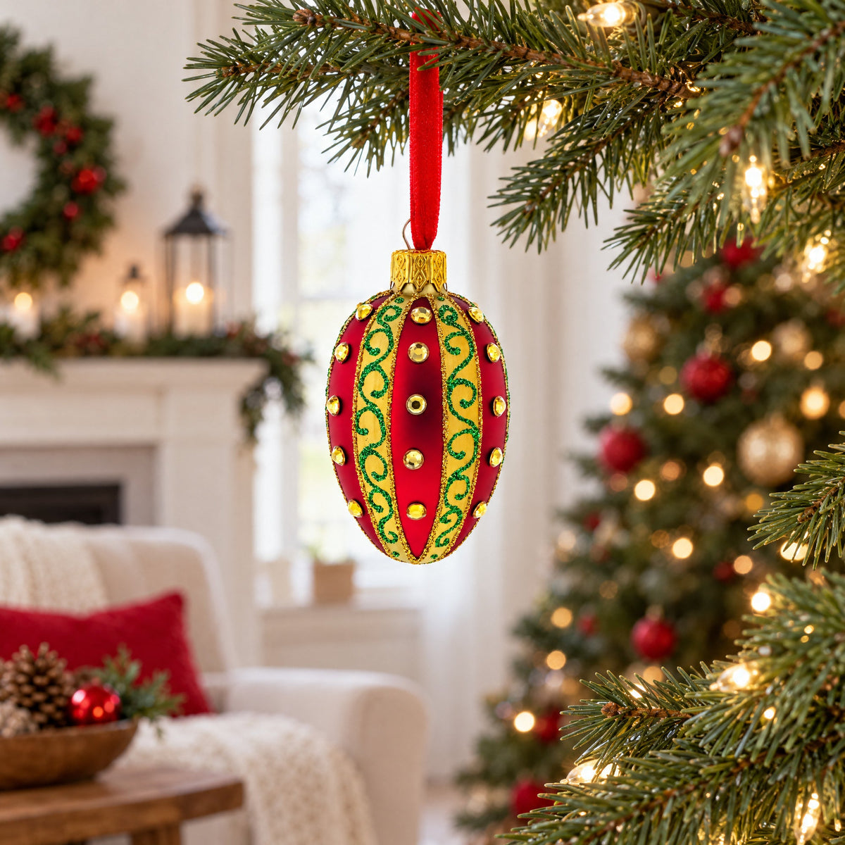Red and Gold with Green Swirls and Jewel Accents Mini Glass Egg Ornament 2.9 Inches