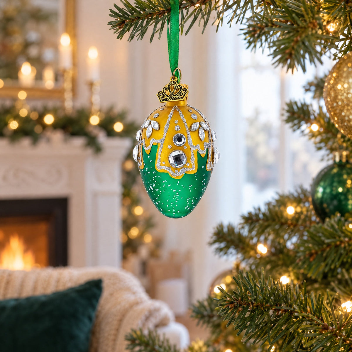 Green with Gold and Clear Jewel Accents Mini Glass Egg Ornament 2.9 Inches