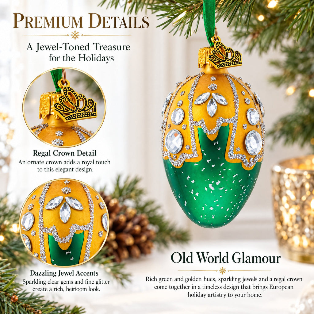 Green with Gold and Clear Jewel Accents Mini Glass Egg Ornament 2.9 Inches
