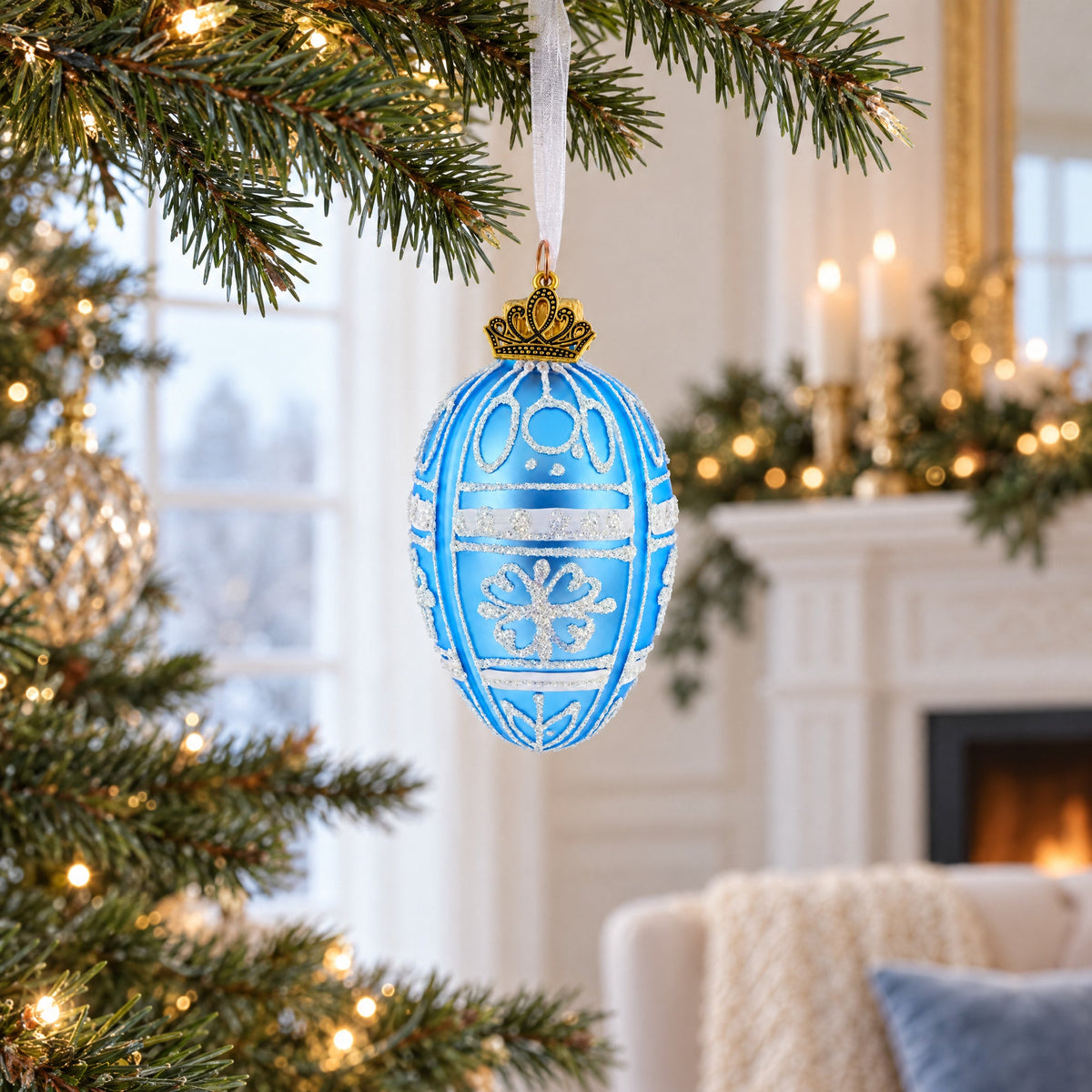 Frosted Blue with White Floral Pattern Mini Glass Egg Ornament 2.9 Inches