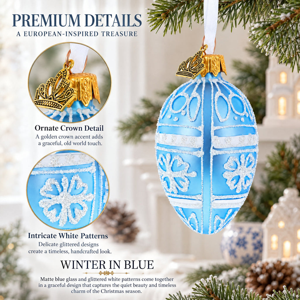 Frosted Blue with White Floral Pattern Mini Glass Egg Ornament 2.9 Inches