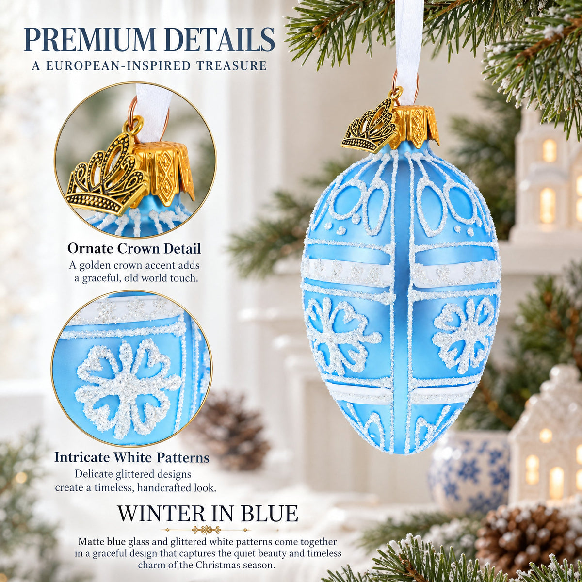 Frosted Blue with White Floral Pattern Mini Glass Egg Ornament 2.9 Inches