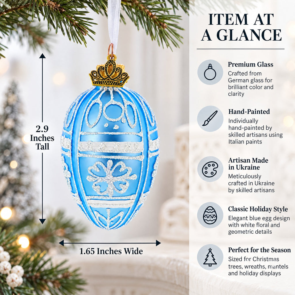 Frosted Blue with White Floral Pattern Mini Glass Egg Ornament 2.9 Inches