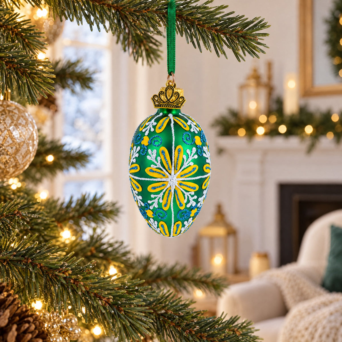 Emerald Green with Blue and Yellow Swirl Floral Mini Glass Egg Ornament 2.9 Inches