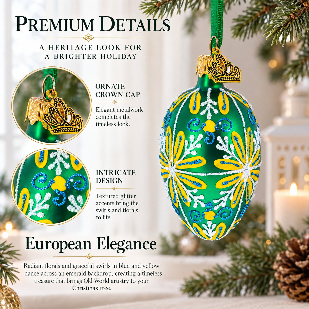 Emerald Green with Blue and Yellow Swirl Floral Mini Glass Egg Ornament 2.9 Inches