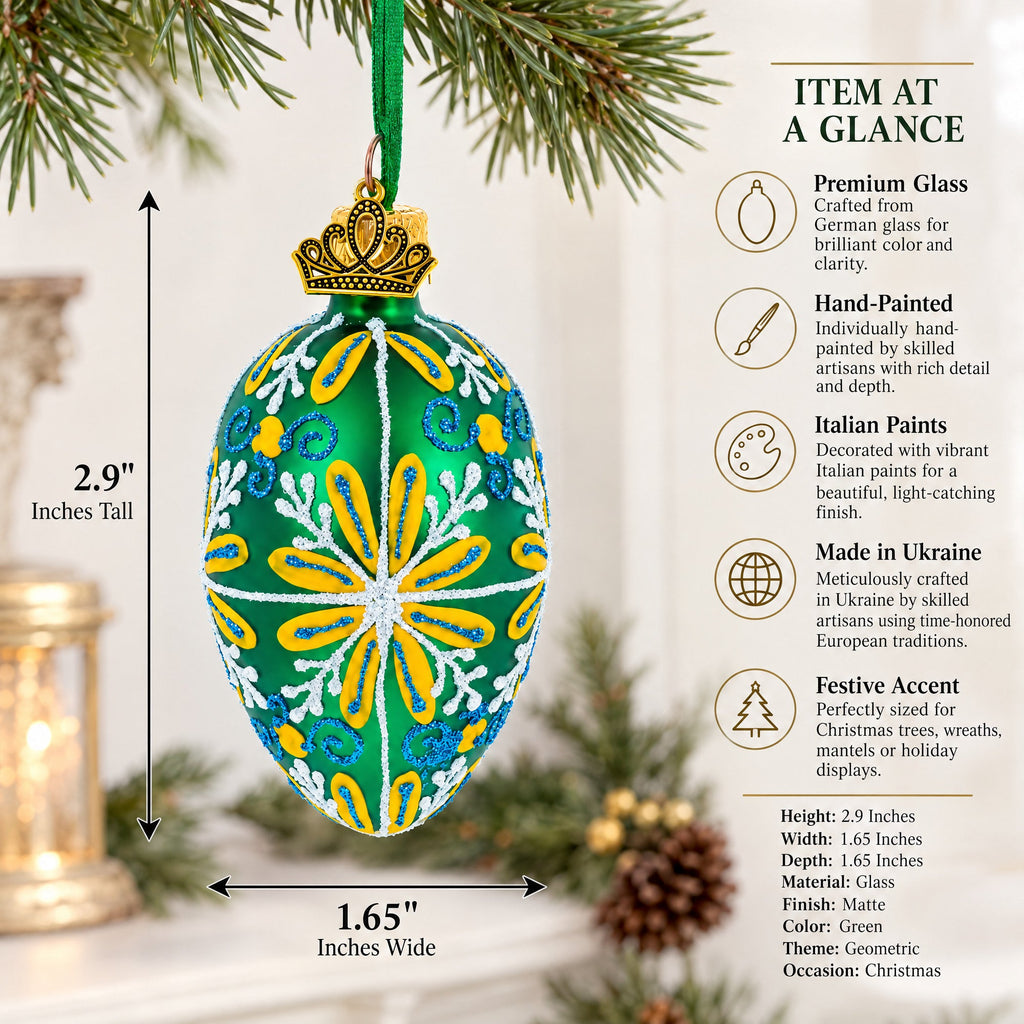Emerald Green with Blue and Yellow Swirl Floral Mini Glass Egg Ornament 2.9 Inches