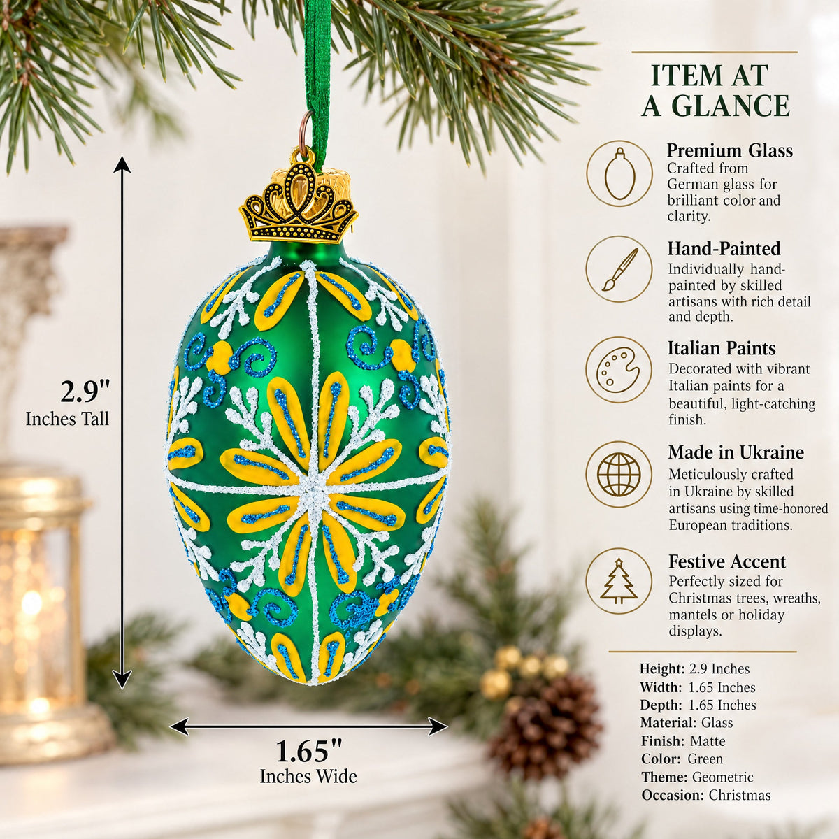 Emerald Green with Blue and Yellow Swirl Floral Mini Glass Egg Ornament 2.9 Inches