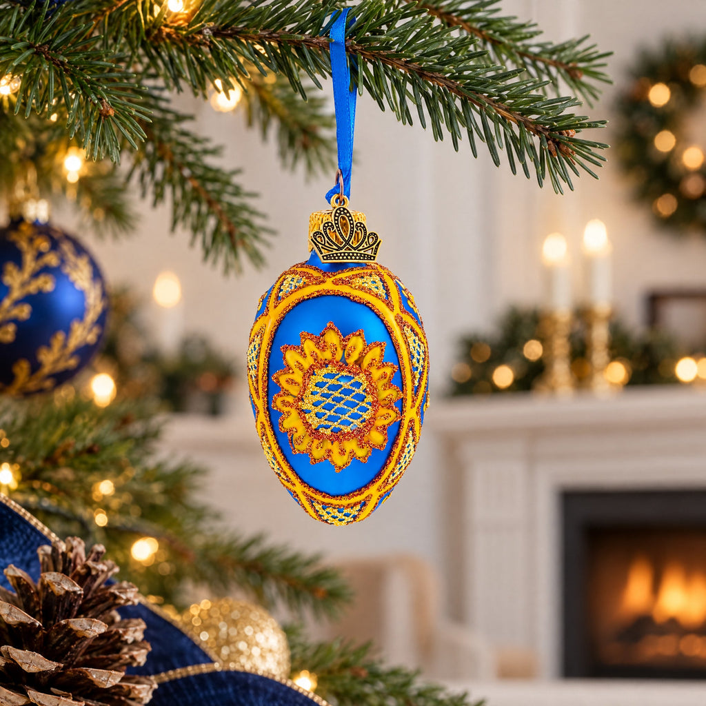 Cobalt Blue with Yellow Sunflower and Red Glitter Accents Mini Glass Egg Ornament 2.9 Inches