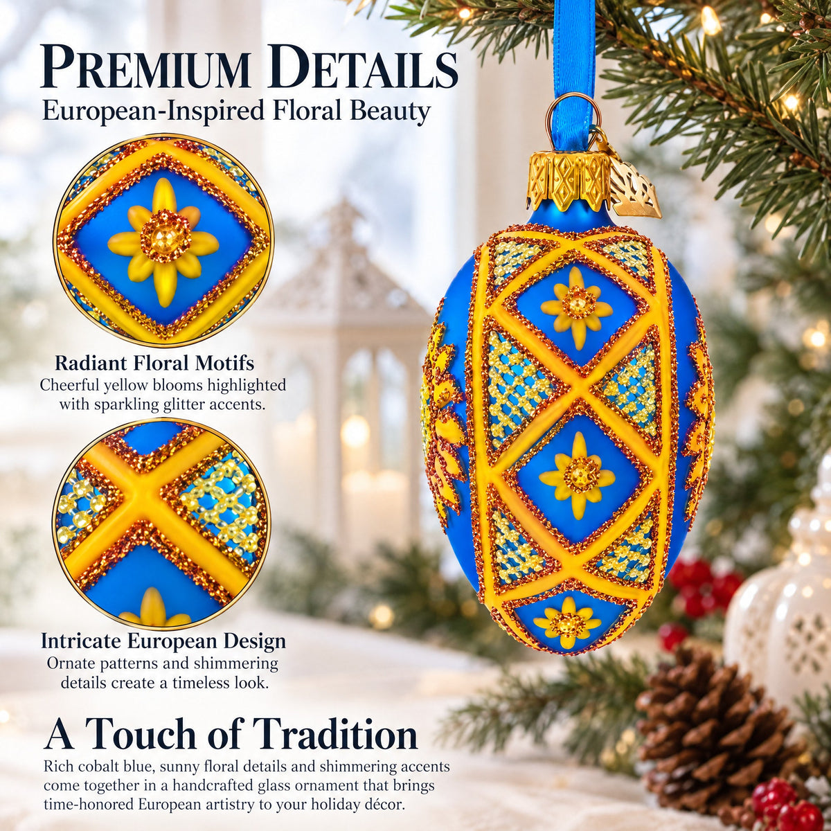 Cobalt Blue with Yellow Sunflower and Red Glitter Accents Mini Glass Egg Ornament 2.9 Inches