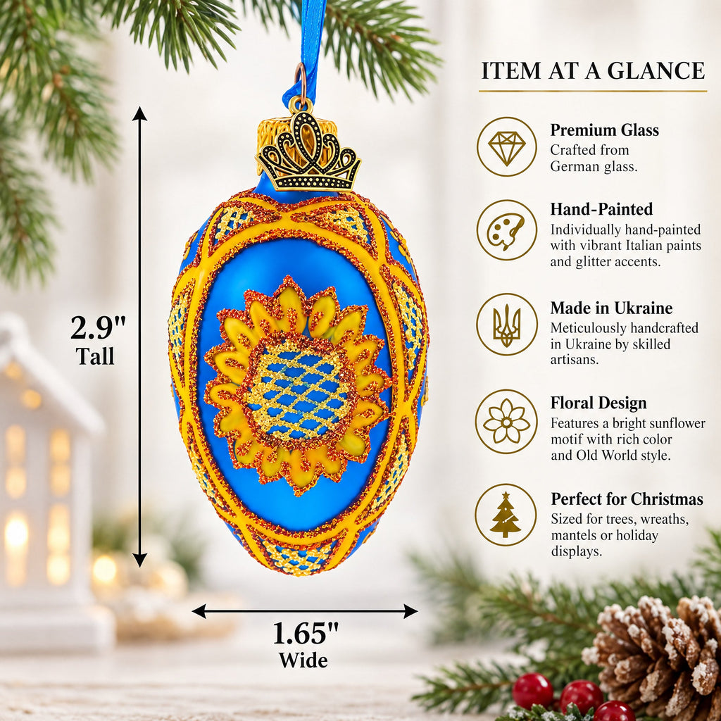 Cobalt Blue with Yellow Sunflower and Red Glitter Accents Mini Glass Egg Ornament 2.9 Inches