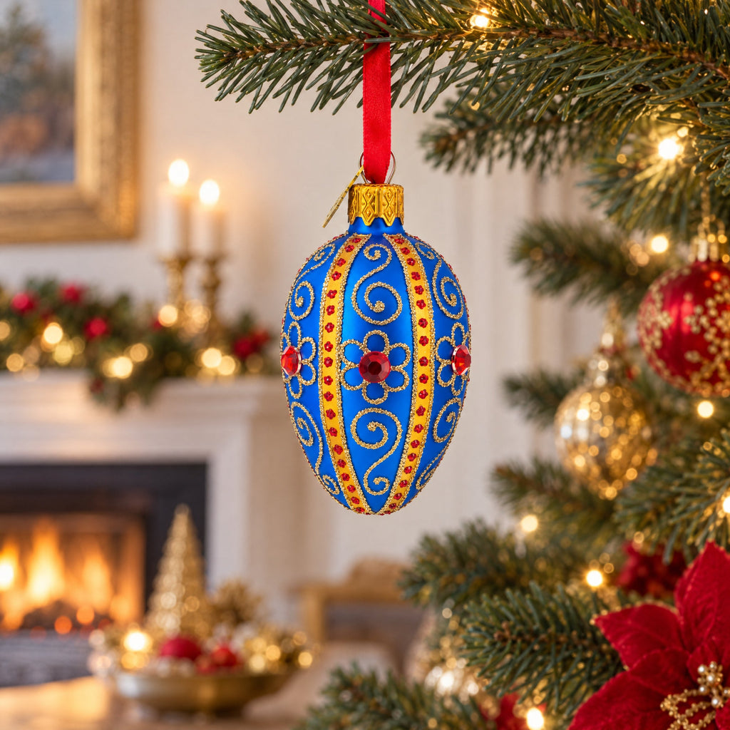 Royal Blue with Gold and Red Gem Accents Mini Glass Egg Ornament 2.9 Inches