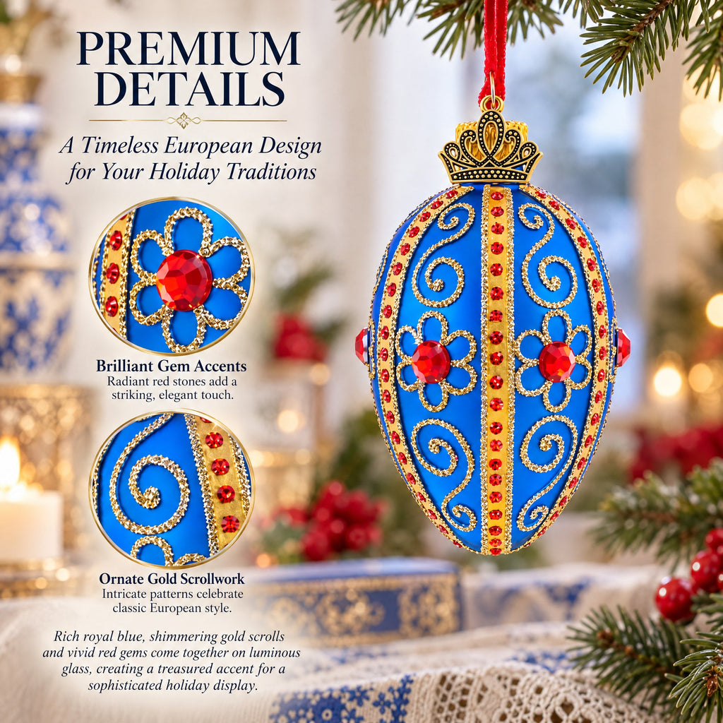 Royal Blue with Gold and Red Gem Accents Mini Glass Egg Ornament 2.9 Inches