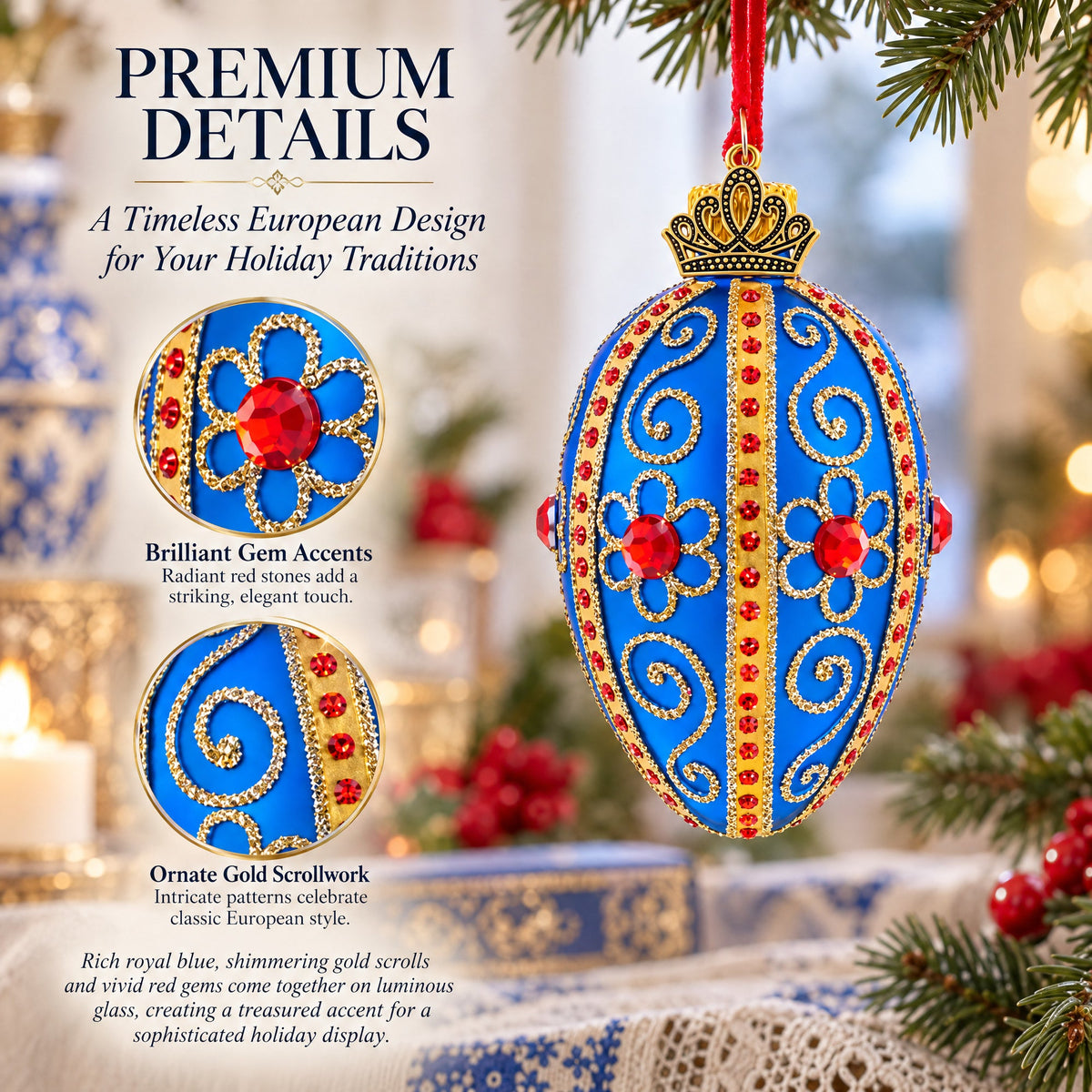 Royal Blue with Gold and Red Gem Accents Mini Glass Egg Ornament 2.9 Inches