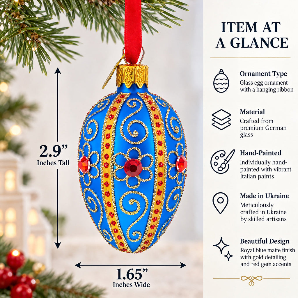 Royal Blue with Gold and Red Gem Accents Mini Glass Egg Ornament 2.9 Inches