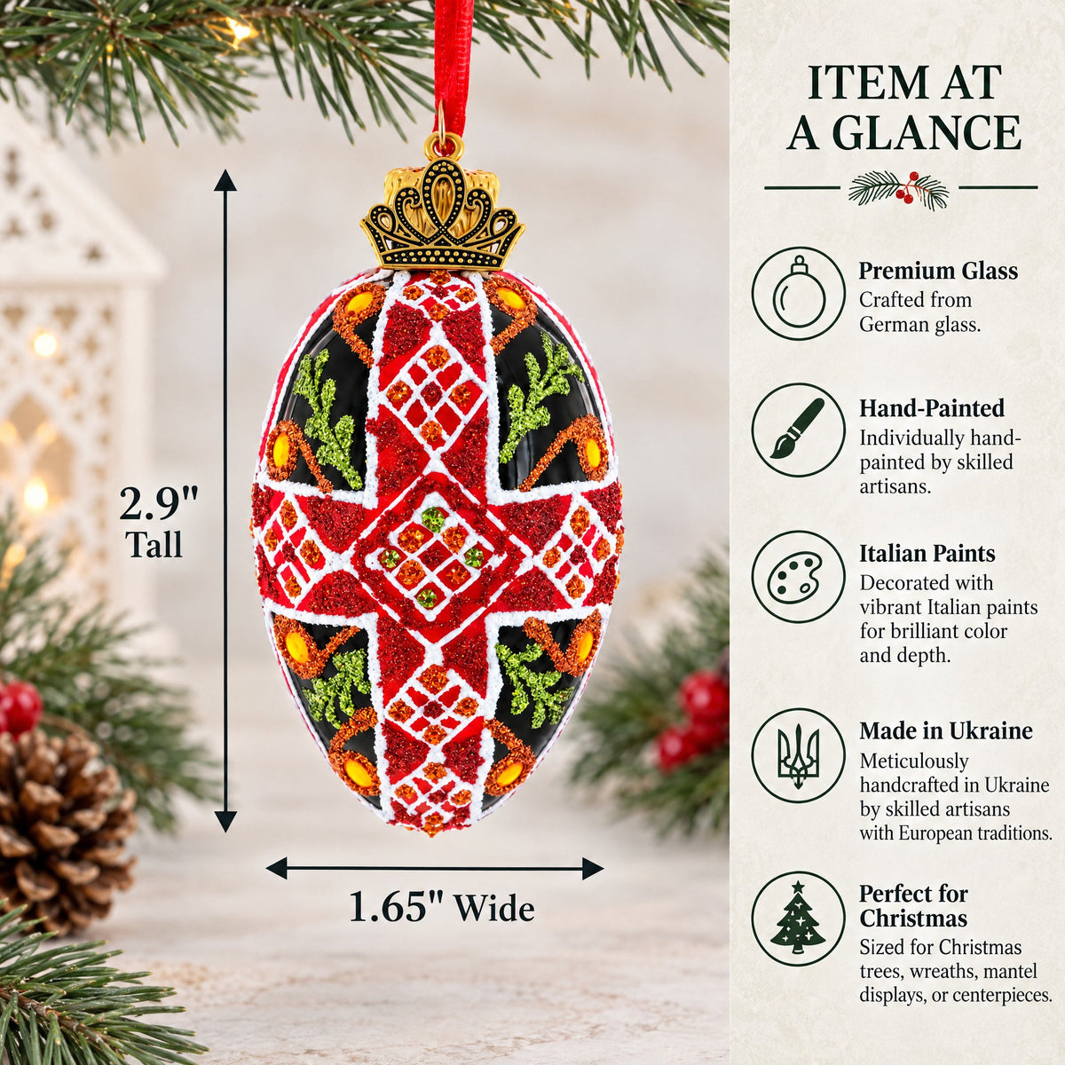 Black with Red, Green, and Gold Glitter Cross Pattern Mini Glass Egg Ornament 2.9 Inches