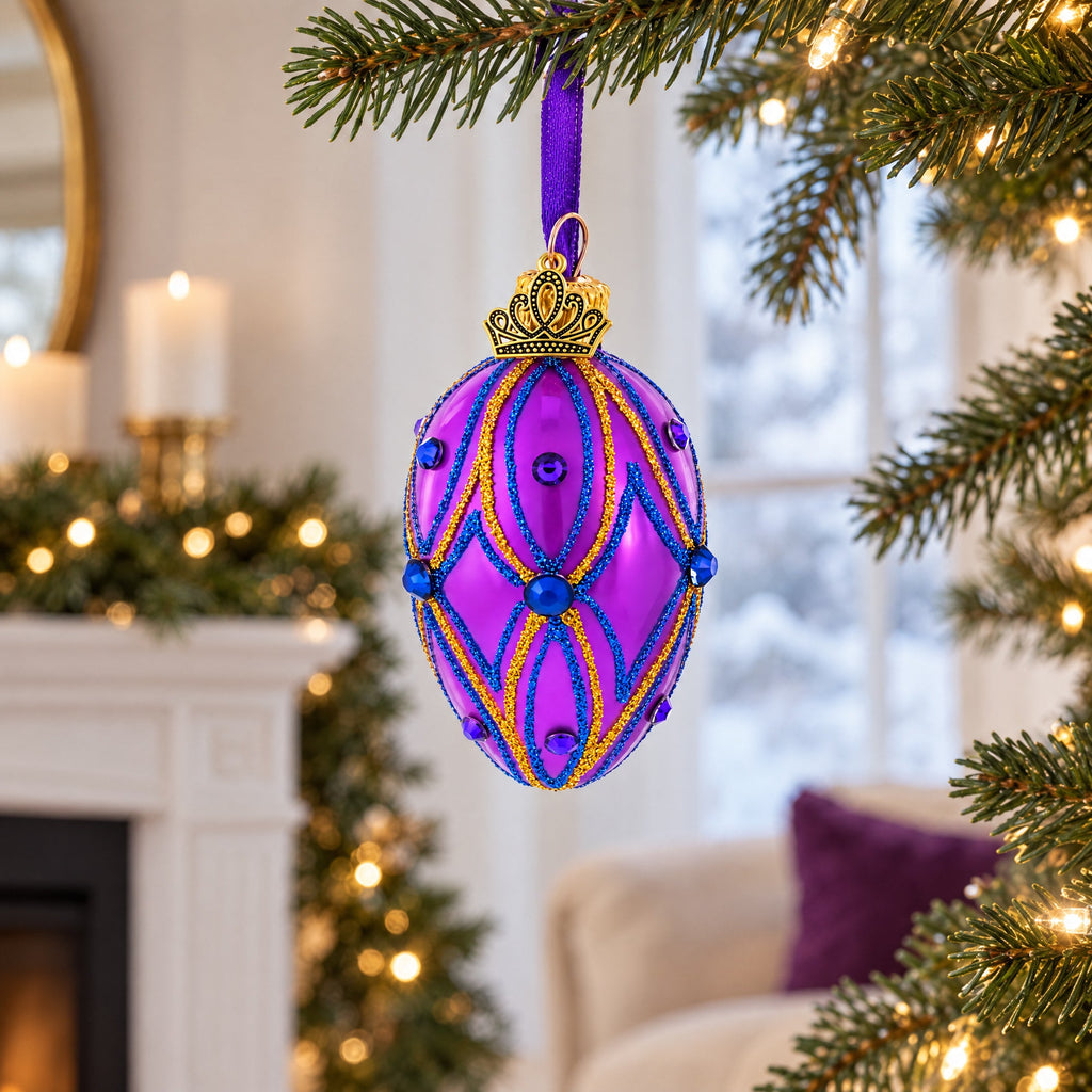 Vibrant Purple with Blue and Gold Glitter Gem Accents Mini Glass Egg Ornament 2.9 Inches