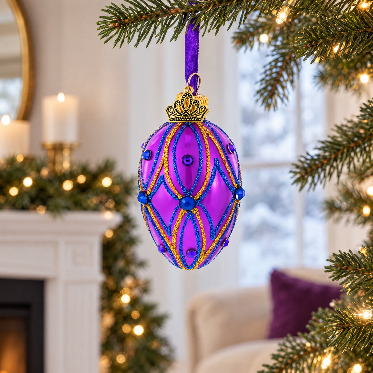 Vibrant Purple with Blue and Gold Glitter Gem Accents Mini Glass Egg Ornament 2.9 Inches
