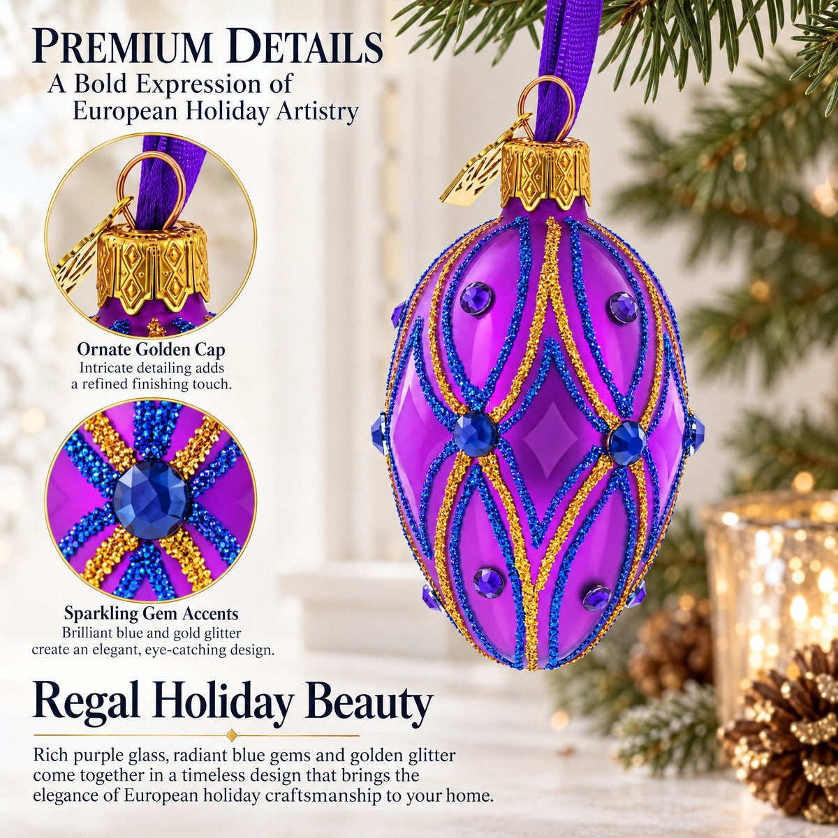 Vibrant Purple with Blue and Gold Glitter Gem Accents Mini Glass Egg Ornament 2.9 Inches