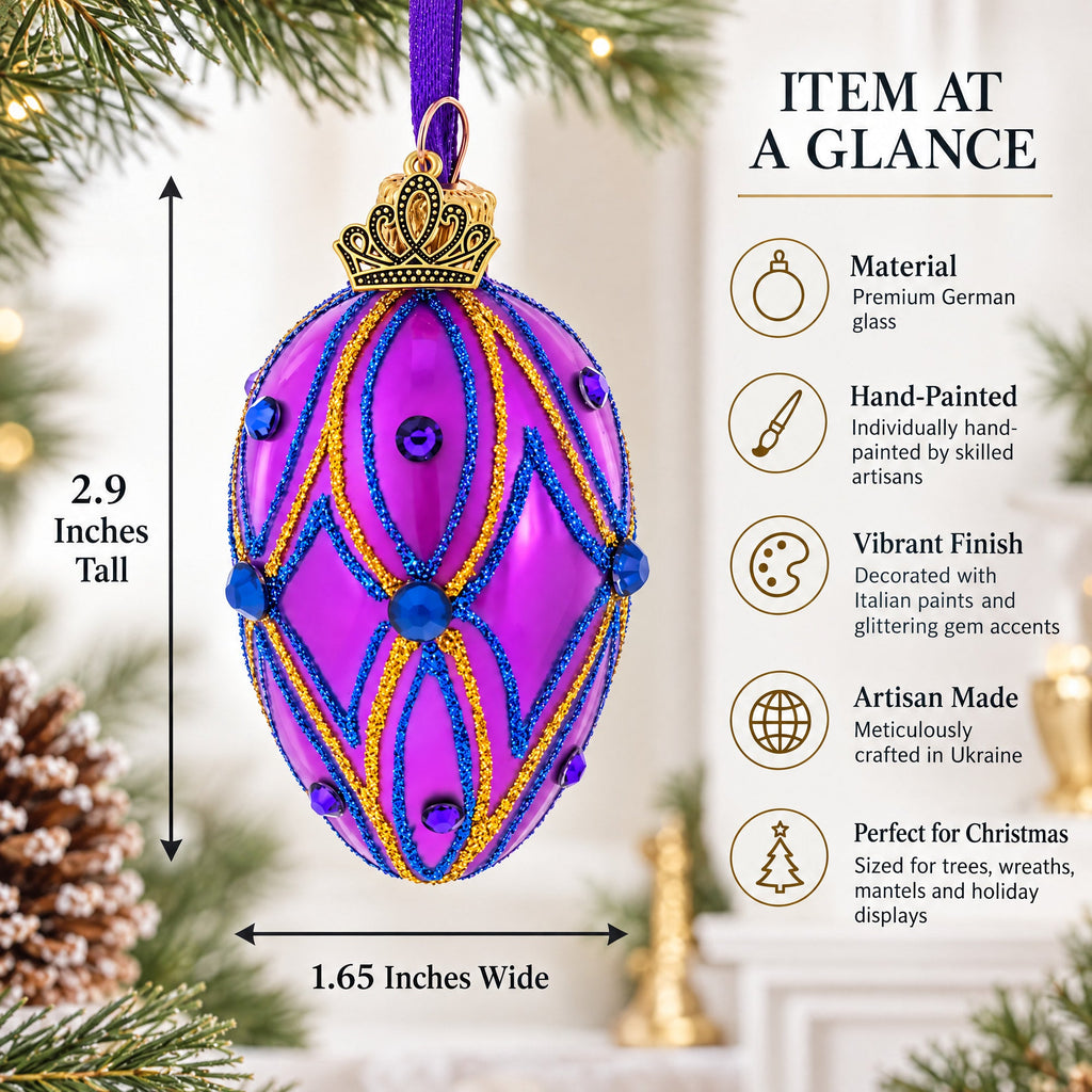 Vibrant Purple with Blue and Gold Glitter Gem Accents Mini Glass Egg Ornament 2.9 Inches