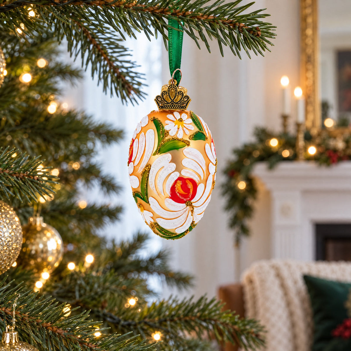 Golden with White and Orange Floral Swirl Design Mini Glass Egg Ornament 2.9 Inches