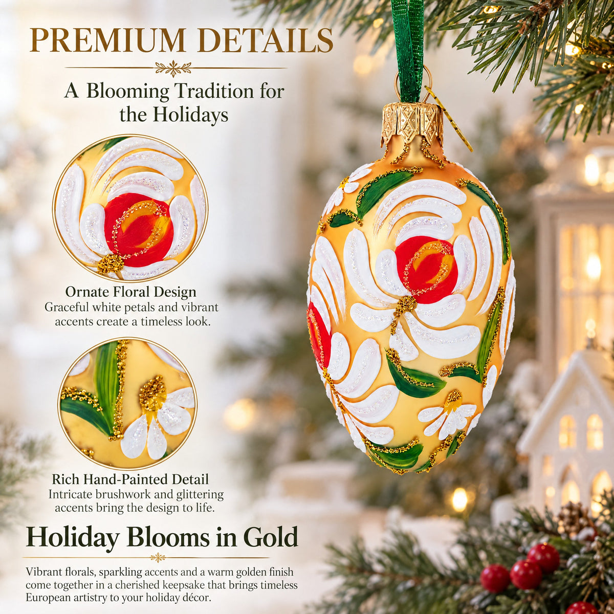 Golden with White and Orange Floral Swirl Design Mini Glass Egg Ornament 2.9 Inches