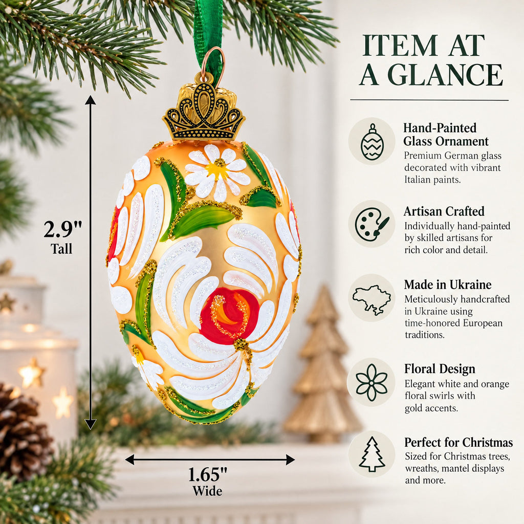 Golden with White and Orange Floral Swirl Design Mini Glass Egg Ornament 2.9 Inches