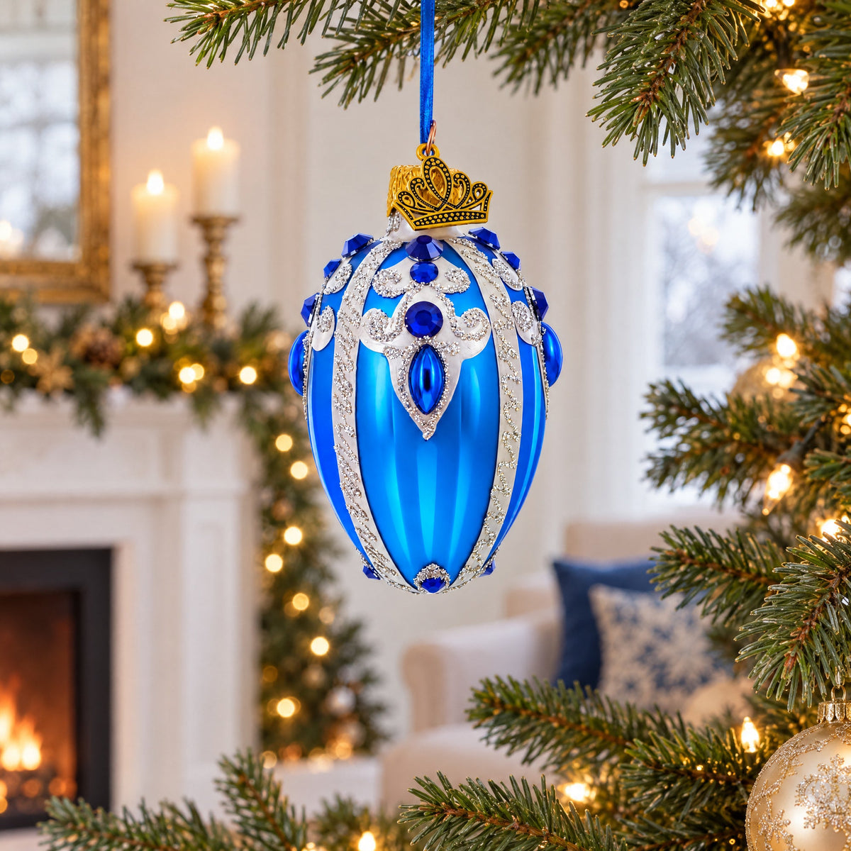 Royal Blue with Silver Glitter and Gem Accents Mini Glass Egg Ornament 2.9 Inches