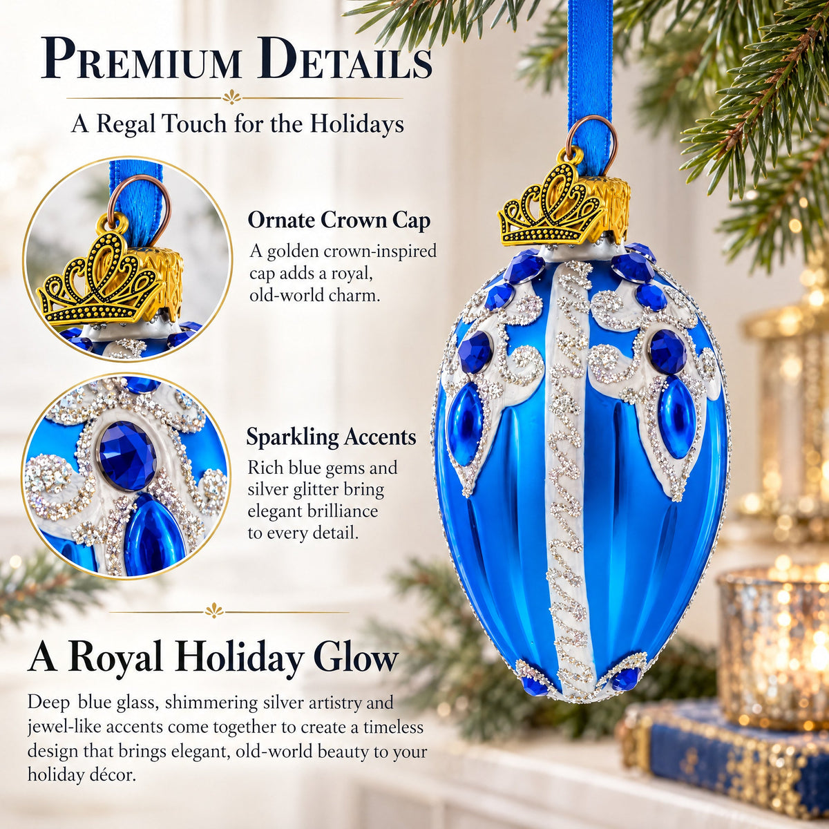 Royal Blue with Silver Glitter and Gem Accents Mini Glass Egg Ornament 2.9 Inches