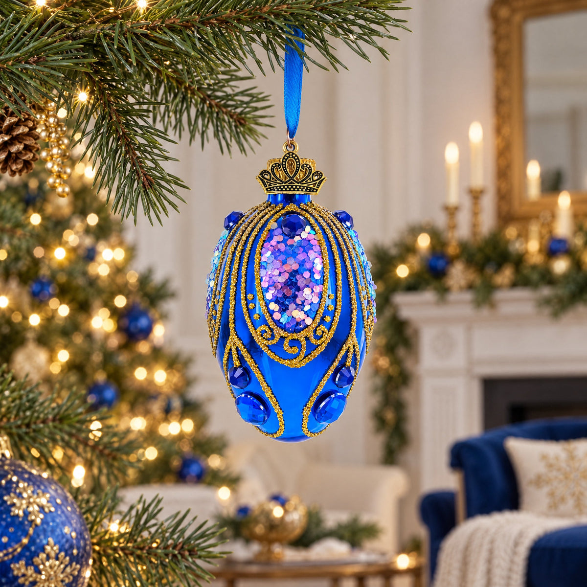 Royal Blue with Gold Glitter and Iridescent Sequins Mini Glass Egg Ornament 2.9 Inches