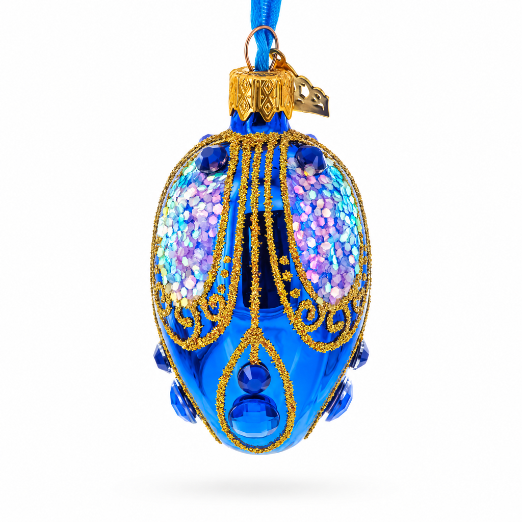 Royal Blue with Gold Glitter and Iridescent Sequins Mini Glass Egg Ornament 2.9 Inches