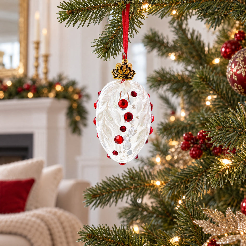 White with Red Gem Accents and Leaf Design Mini Glass Egg Ornament 2.9 Inches