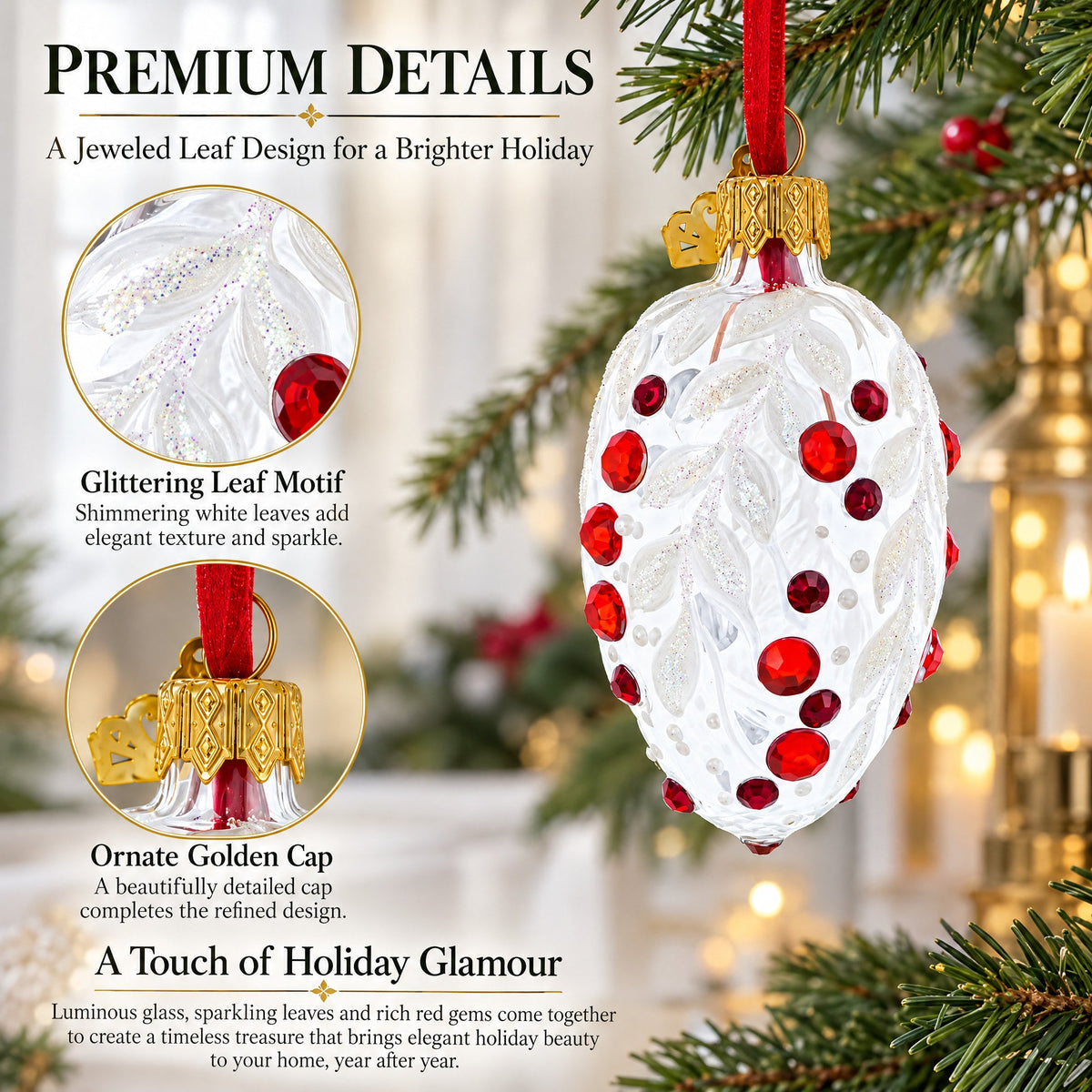 White with Red Gem Accents and Leaf Design Mini Glass Egg Ornament 2.9 Inches