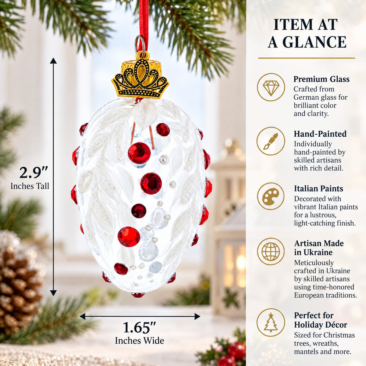 White with Red Gem Accents and Leaf Design Mini Glass Egg Ornament 2.9 Inches