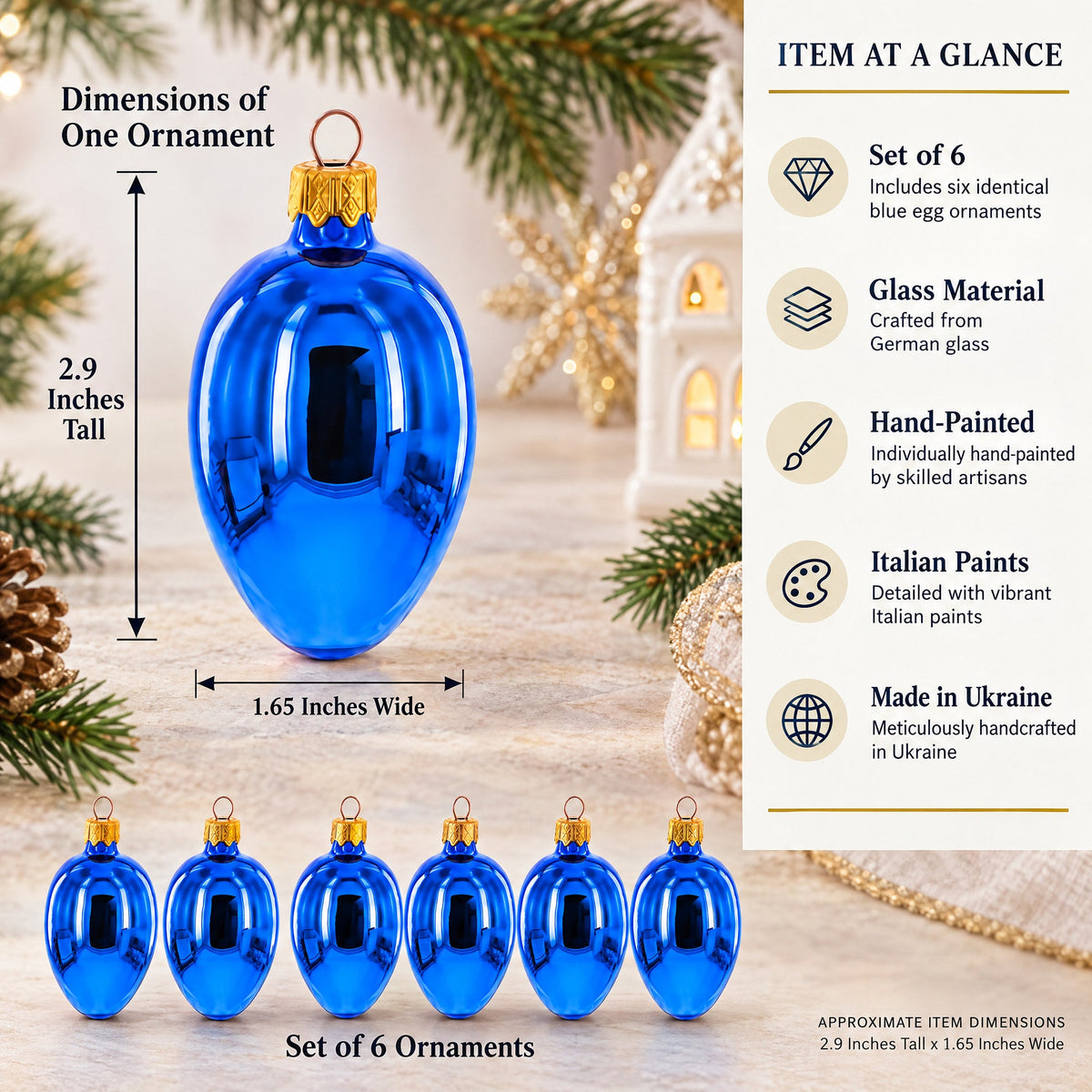 Set of 6 Glossy Blue Mini Glass Egg Ornaments 2.9 Inches
