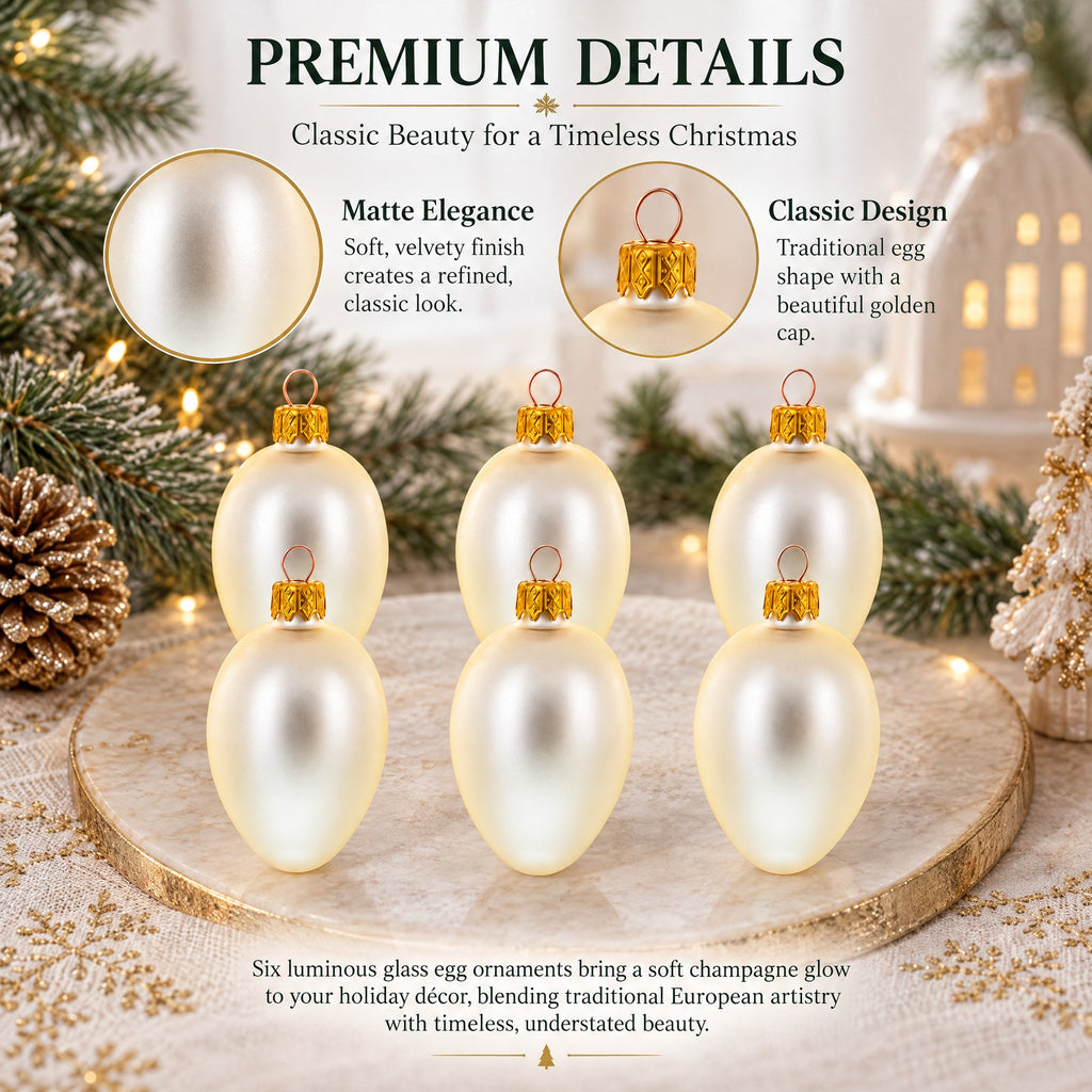 Set of 6 Champagne Mini Glass Egg Ornaments 2.9 Inches