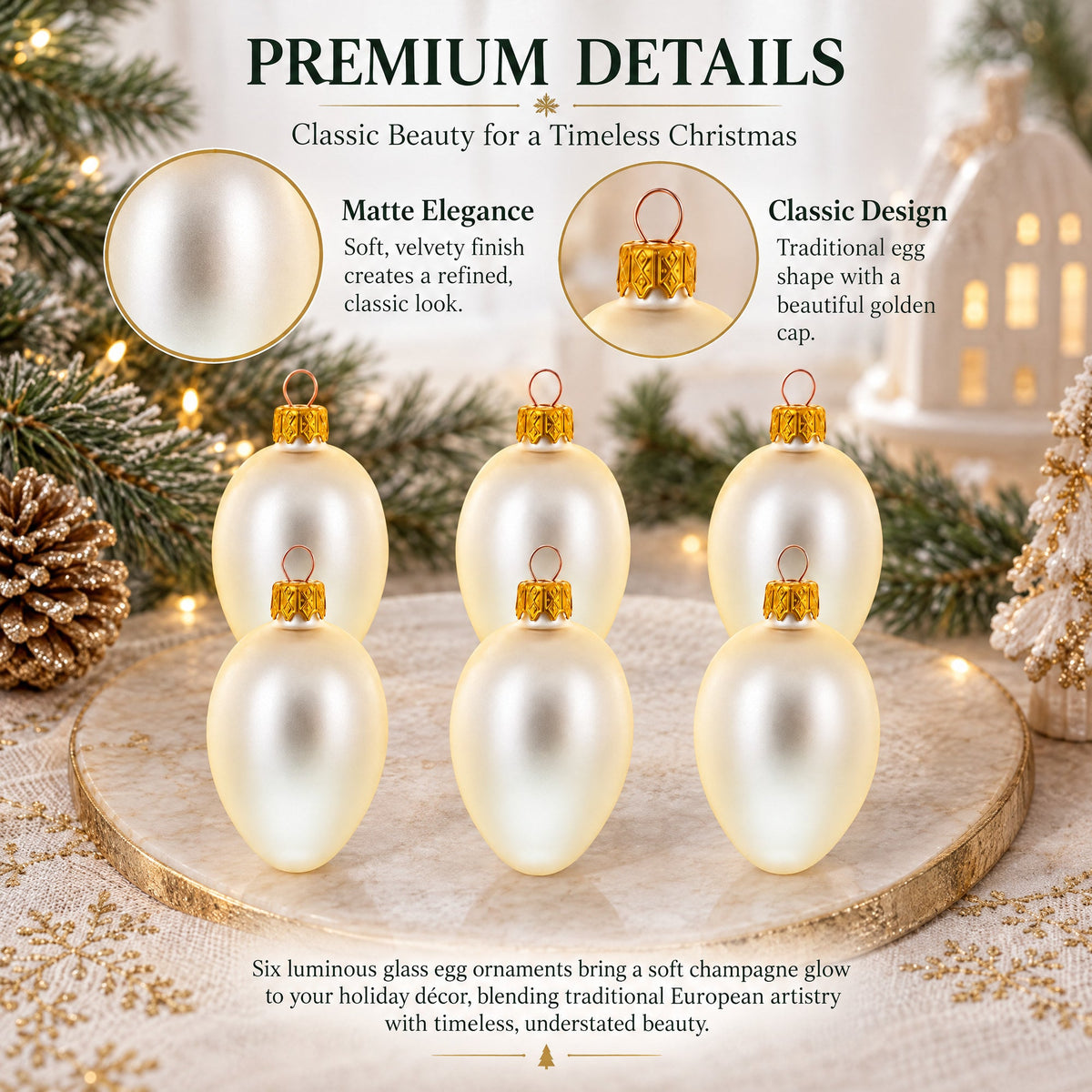 Set of 6 Champagne Mini Glass Egg Ornaments 2.9 Inches