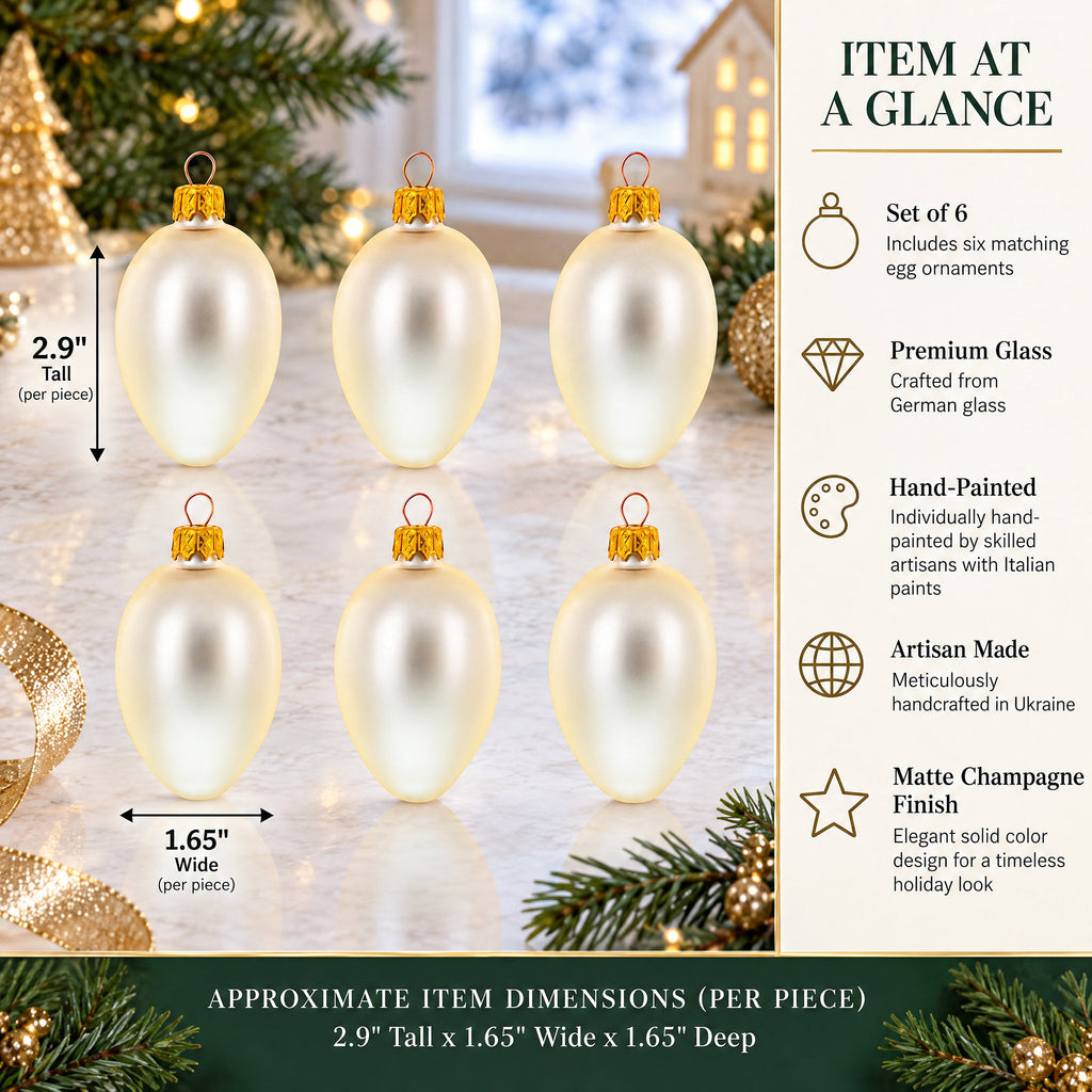 Set of 6 Champagne Mini Glass Egg Ornaments 2.9 Inches