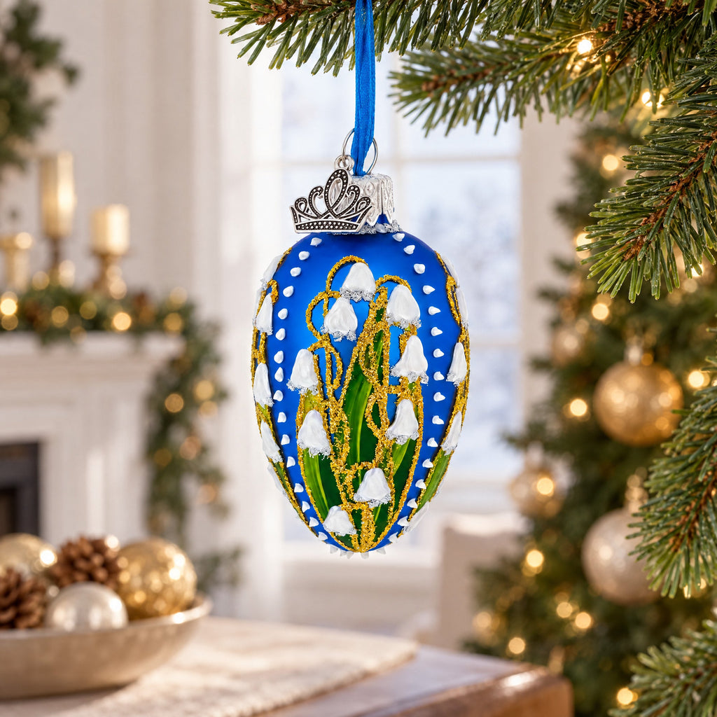 Lilies of the Valley on Blue Royal Mini Red Glass Egg Ornament
