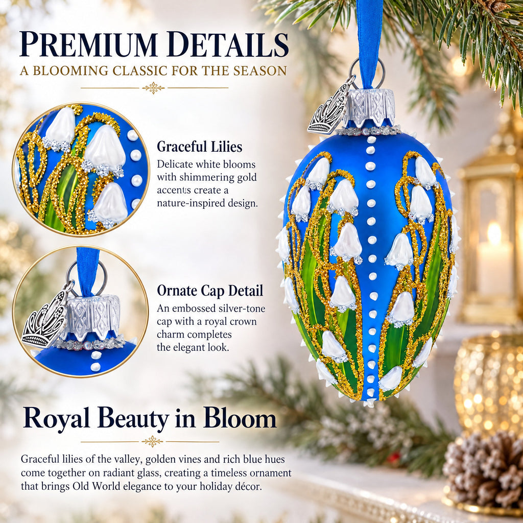 Lilies of the Valley on Blue Royal Mini Red Glass Egg Ornament