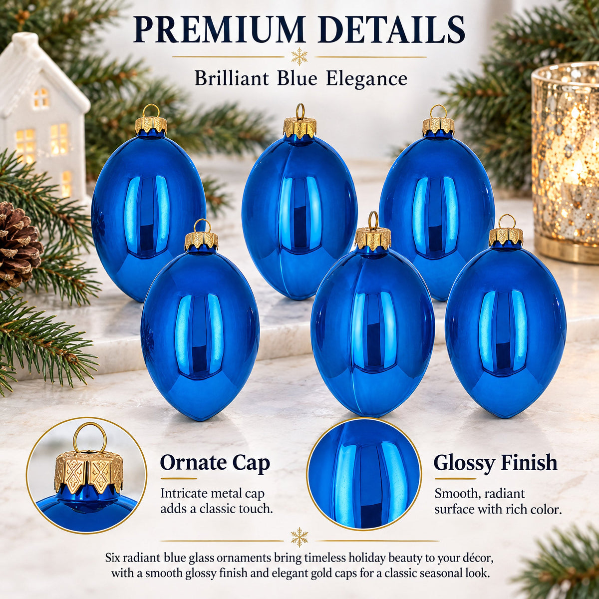 Set of 6 Blue Glossy Glass Egg Ornaments 4 Inches