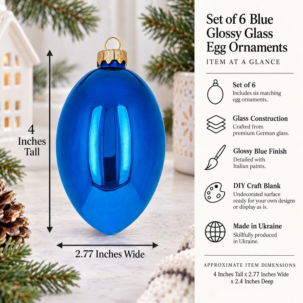Set of 6 Blue Glossy Glass Egg Ornaments 4 Inches
