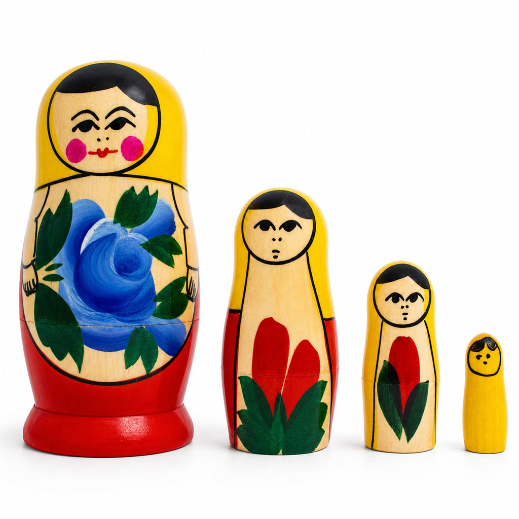 Wooden Semenov Yellow Scarf Nesting Dolls - Blue Rose Matryoshka 3.6 Inches