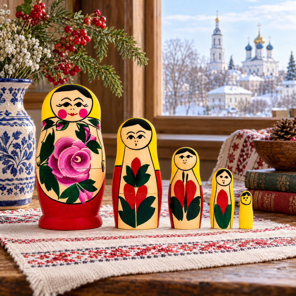 Wooden Semenov Yellow Gown Nesting Dolls - Magenta Rose Matryoshka 4.2 Inches