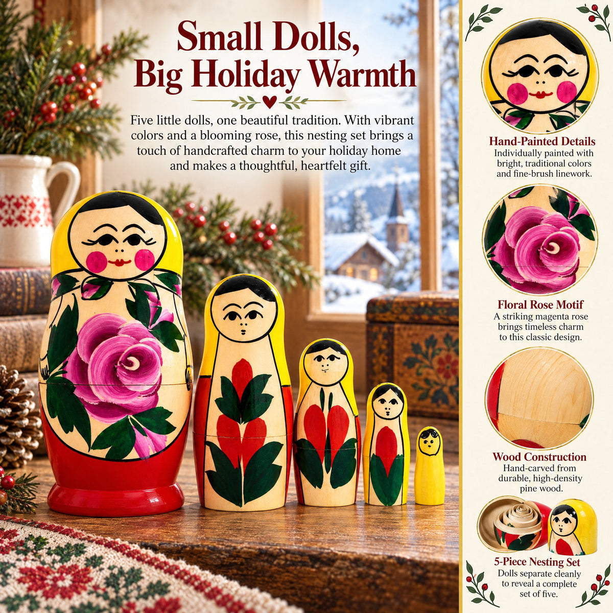 Wooden Semenov Yellow Gown Nesting Dolls - Magenta Rose Matryoshka 4.2 Inches