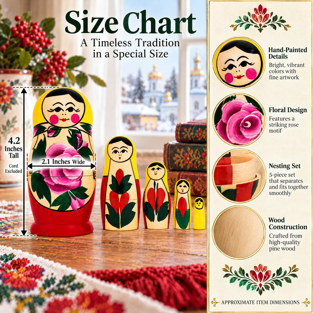 Wooden Semenov Yellow Gown Nesting Dolls - Magenta Rose Matryoshka 4.2 Inches
