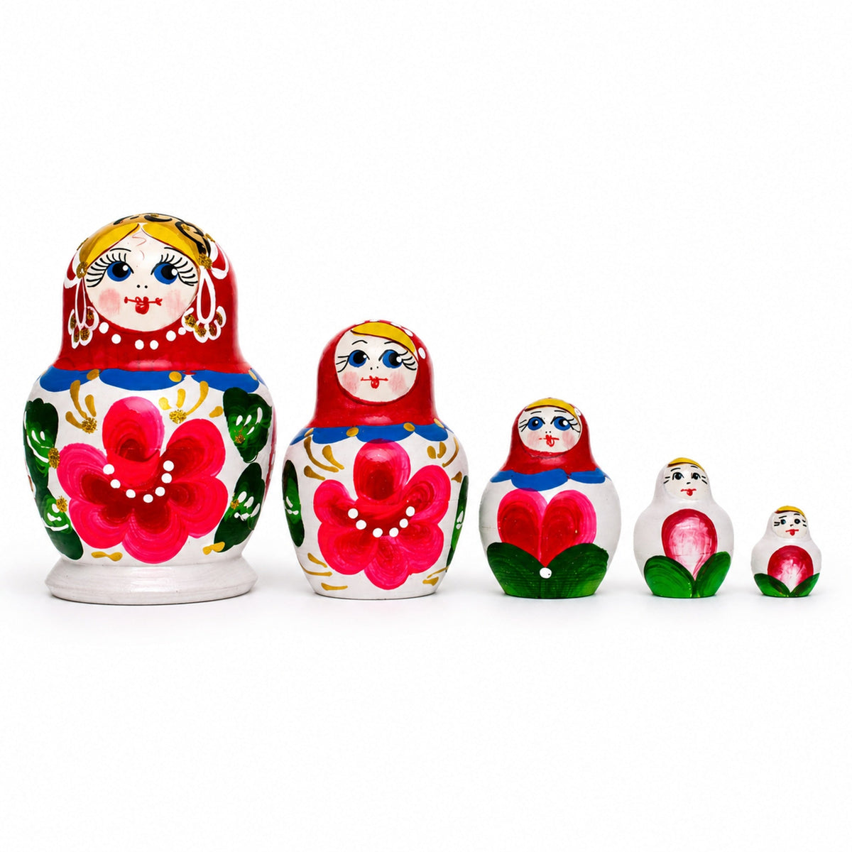 Beautiful Wooden  with Red Color Hood and Pink Flowers Nesting Dolls