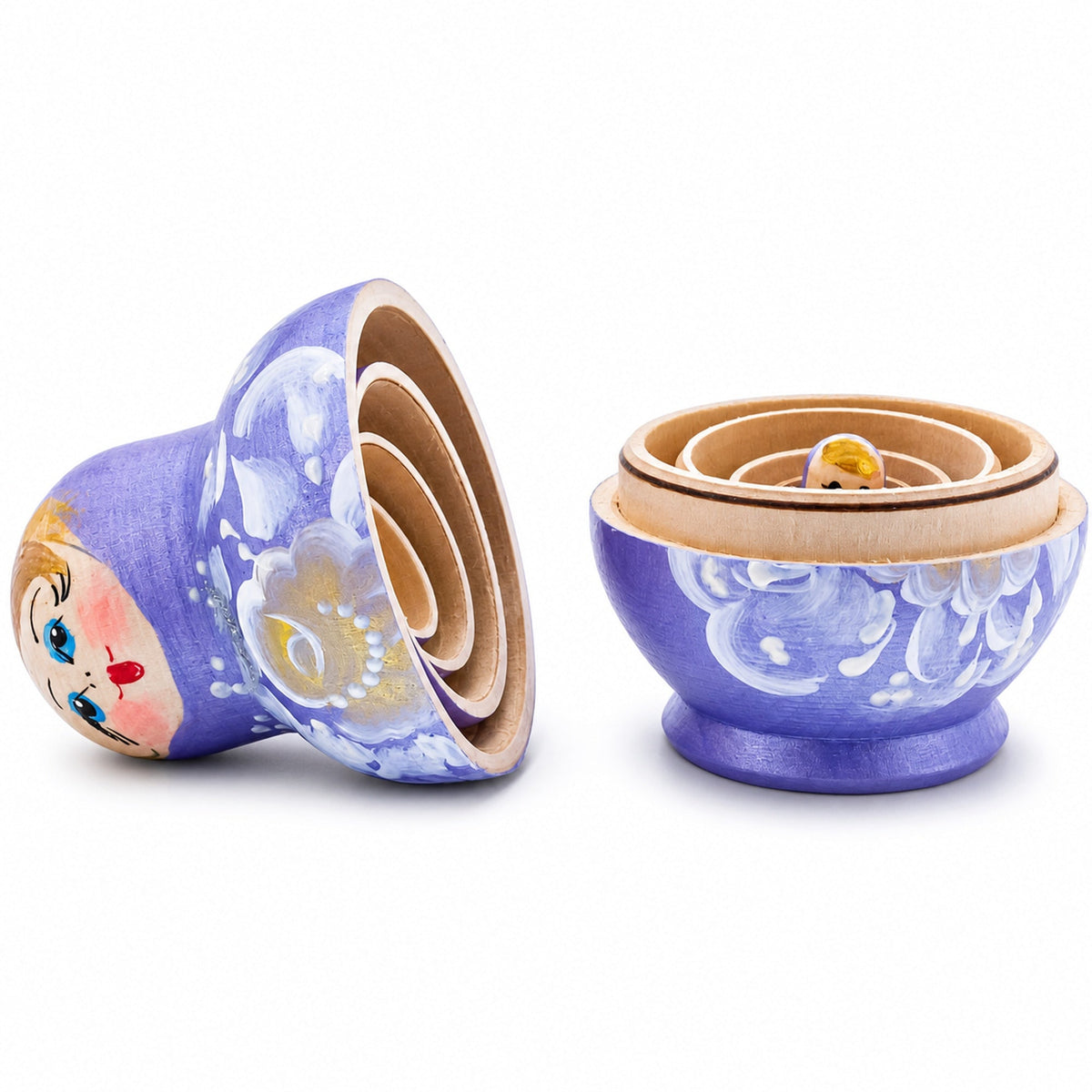 Purple Color with White Color Flowers Wooden  Nesting Dolls
