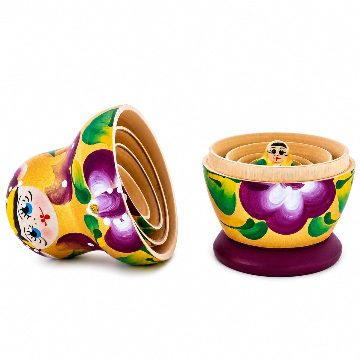 Wooden Gold Violet Floral Nesting Dolls - Stacking Matryoshka 3.1 Inches